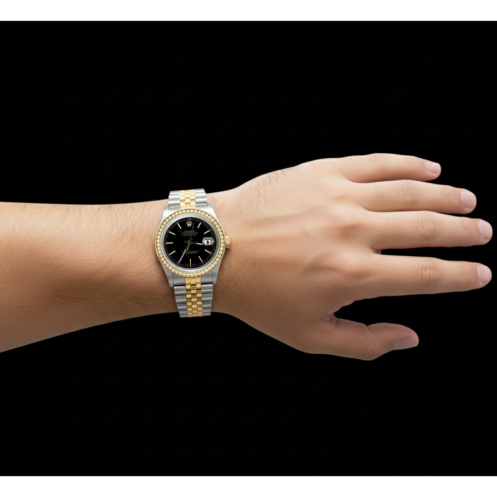 Herren Rolex Datejust Uhr, schwarzes Stick-Zifferblatt, Diamant-Lünette, zweifarbig