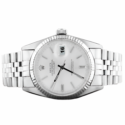 Herren Rolex Datejust Uhr, silbernes Zifferblatt, geriffelte Lünette, Edelstahl-Armband