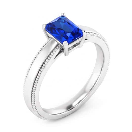 Herrenring Weißgold Solitär Ceylon-Saphir 1,50 ct Milgrain Schaft
