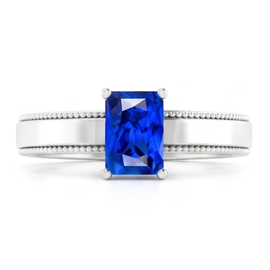 Herrenring Weißgold Solitär Ceylon-Saphir 1,50 ct Milgrain Schaft