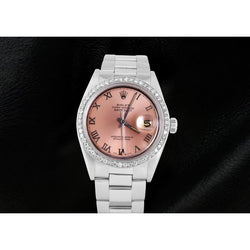 Herrenuhr Edelstahl Oyster mit lachsfarbenem Zifferblatt und Diamantlünette Rolex Datejust SCHNELLES EINSTELLEN