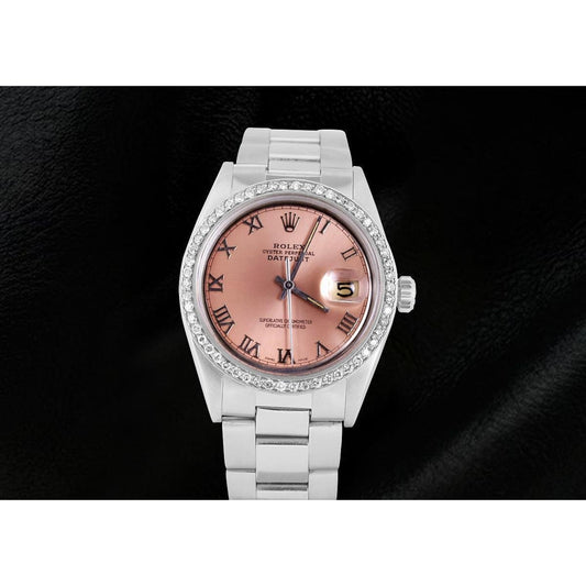 Herrenuhr Edelstahl Oyster mit lachsfarbenem Zifferblatt und Diamantlünette Rolex Datejust SCHNELLES EINSTELLEN