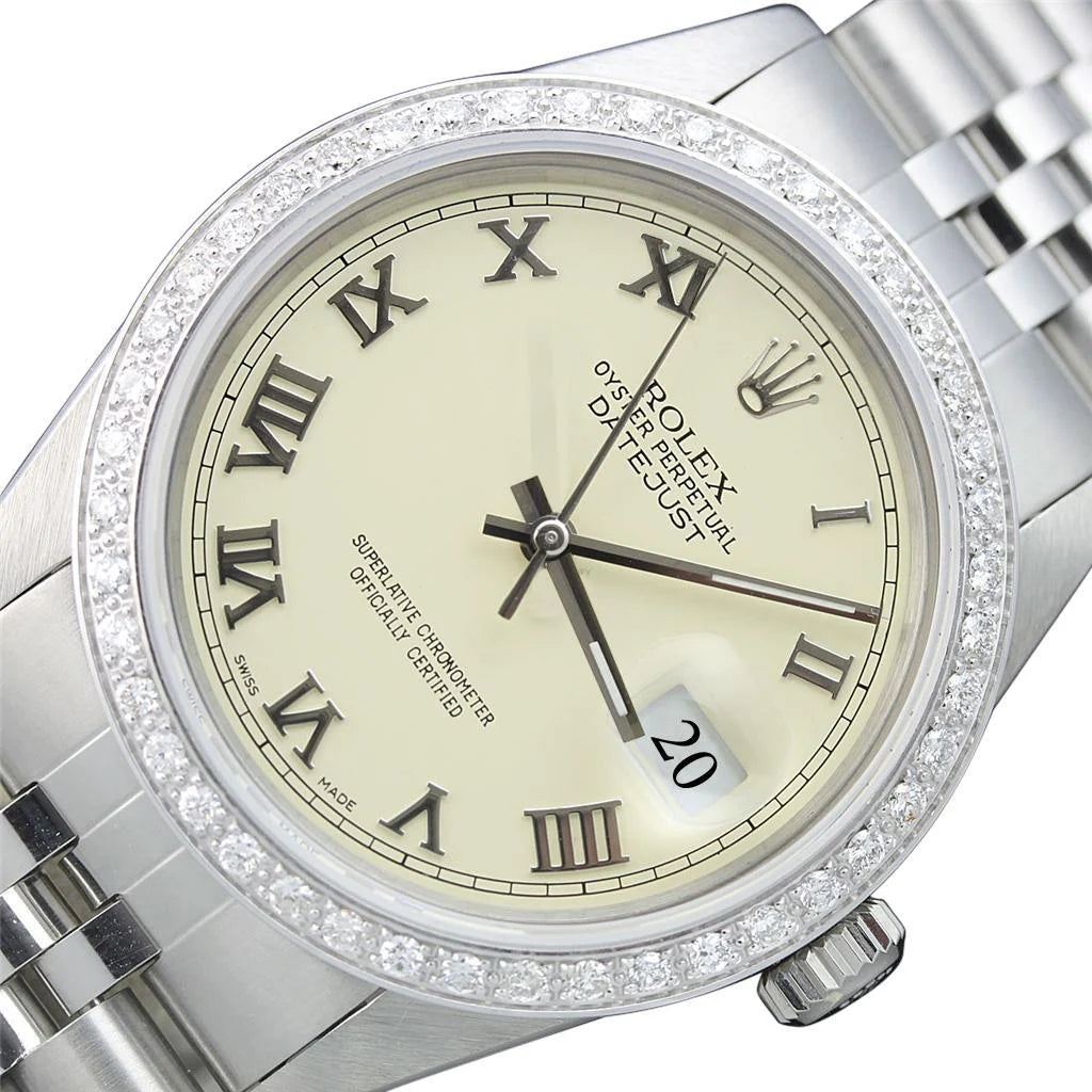 Herrenuhr mit römischem Zifferblatt und Diamantlünette, Edelstahl und Golden, Rolex Datejust SCHNELLES SETZEN
