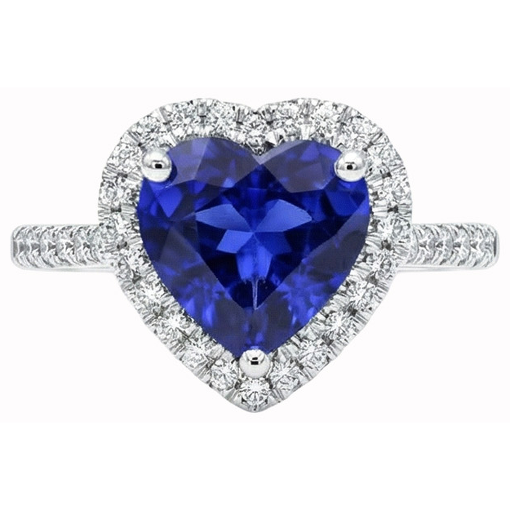 Herz Ceylon Saphir Runder Aus der Erde Abgebauter Natürlicher Diamanten Ring 4 Kt Weißgold 14K
