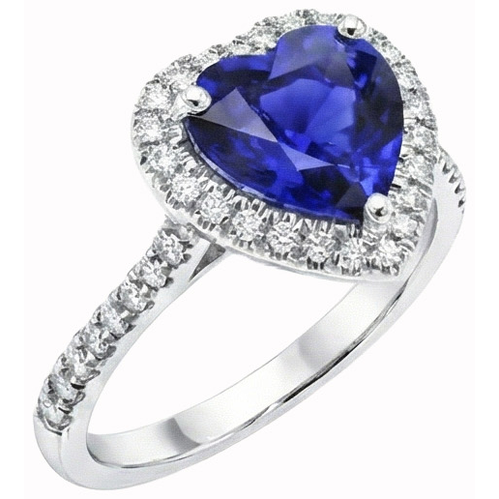 Herz Ceylon Saphir Runder Aus der Erde Abgebauter Natürlicher Diamanten Ring 4 Kt Weißgold 14K
