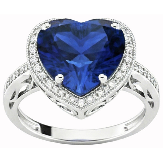 Herzförmiger Sri Lanka Blauer Saphir & Aus der Erde Abgebauter Natürlicher Diamantring 7,76 Karat WG 14K