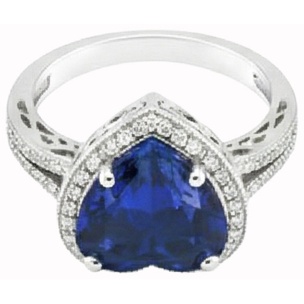 Herzförmiger Sri Lanka Blauer Saphir & Aus der Erde Abgebauter Natürlicher Diamantring 7,76 Karat WG 14K