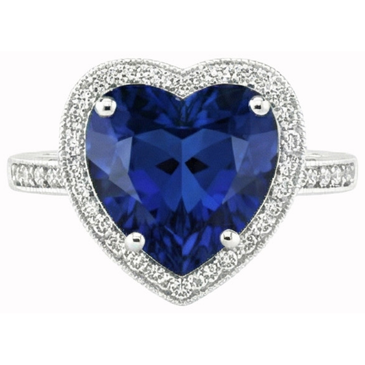 Herzförmiger Sri Lanka Blauer Saphir & Aus der Erde Abgebauter Natürlicher Diamantring 7,76 Karat WG 14K