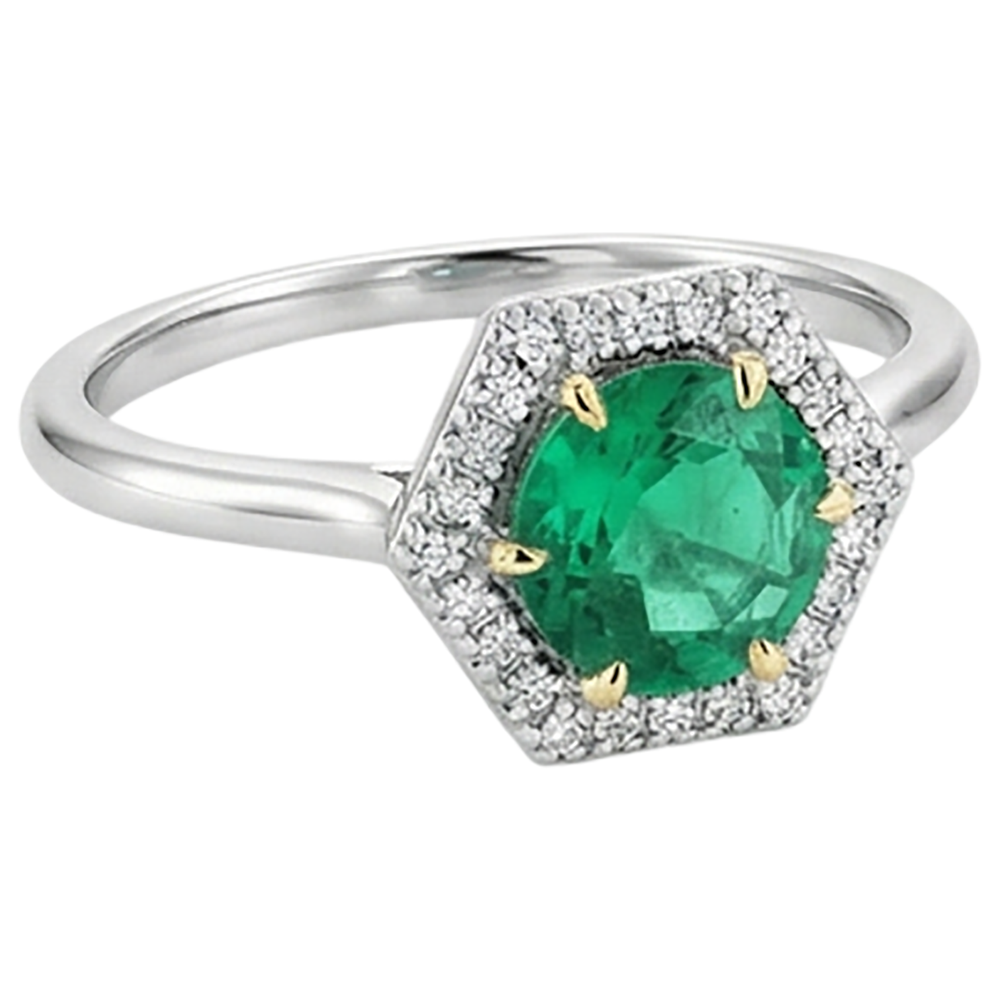Kolumbianischer Smaragd Rund-Brillant Schmuckstein-Ring in Bicolor 14K Gold – Profilansicht
