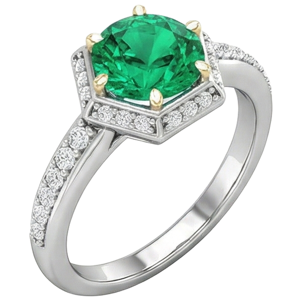 Edler Smaragd Rund-Brillant Schmuckstein-Ring in 14 Karat Zweifarbig Gold – Seitenansicht