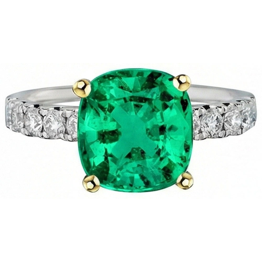 Echter Kolumbianischer Smaragd Edelstein-Ring 5 Karat Zweifarbiges 14K Gold – Frontansicht