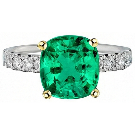 Echter Kolumbianischer Smaragd Edelstein-Ring 5 Karat Zweifarbiges 14K Gold – Frontansicht
