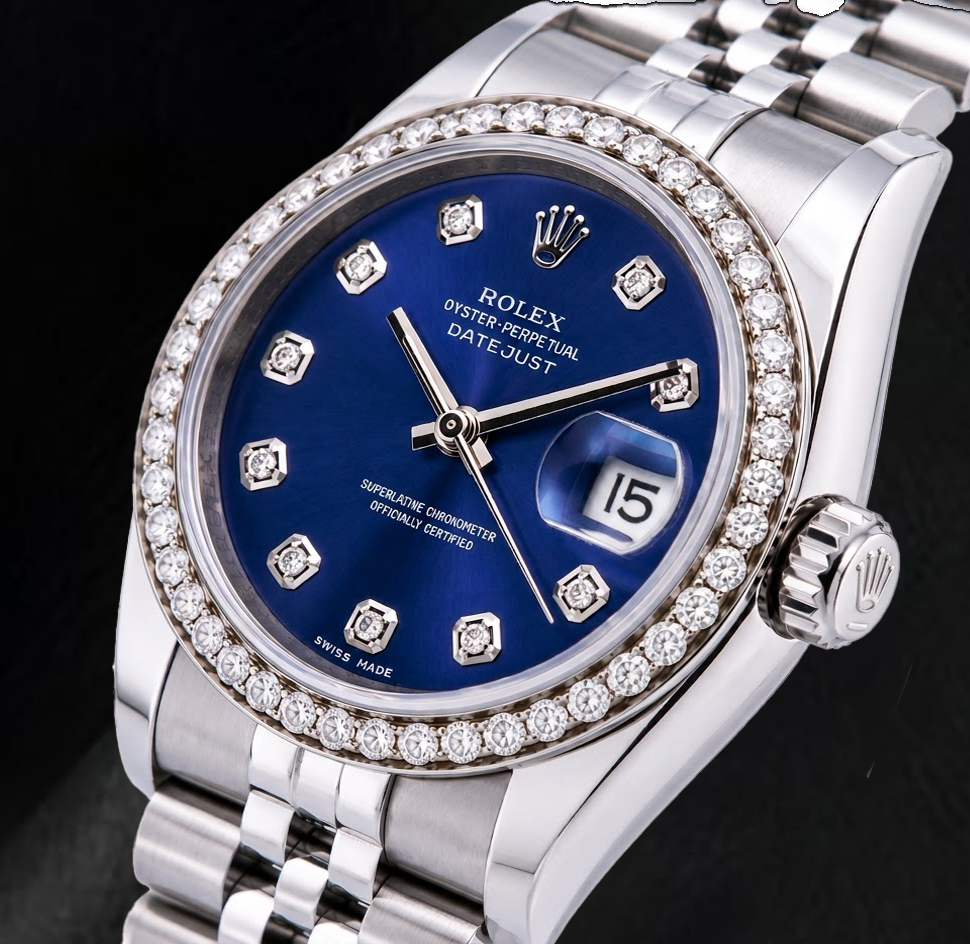 Rolex 16200 Datejust 36 mm Edelstahl-Uhr mit blauem Diamantzifferblatt