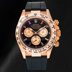Rolex Cosmograph Daytona 116515LN 40 mm Schwarzes Diamantzifferblatt mit Regenbogen-Stundenindizes Schwarzes Oysterflex-Armband