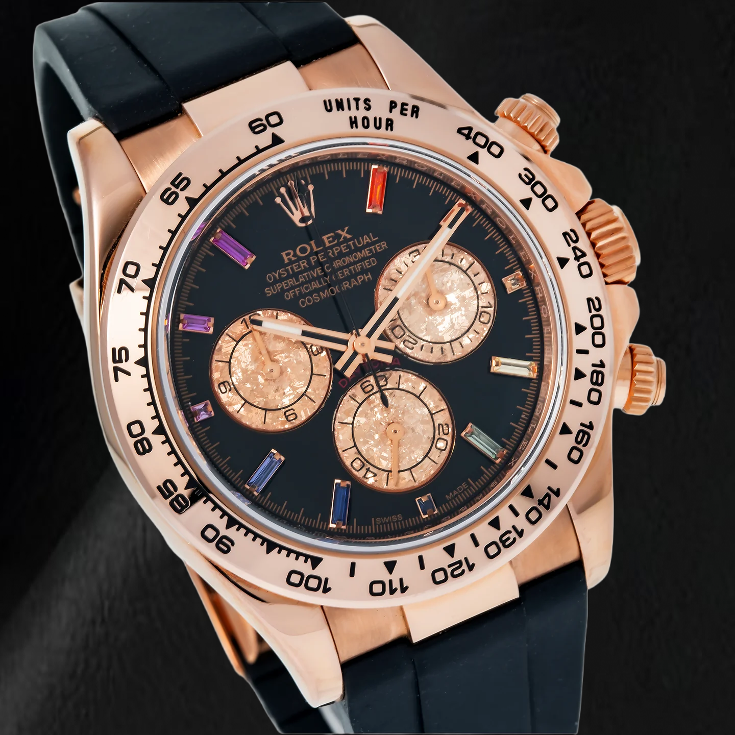 Rolex Cosmograph Daytona 116515LN 40 mm Schwarzes Diamantzifferblatt mit Regenbogen-Stundenindizes Schwarzes Oysterflex-Armband
