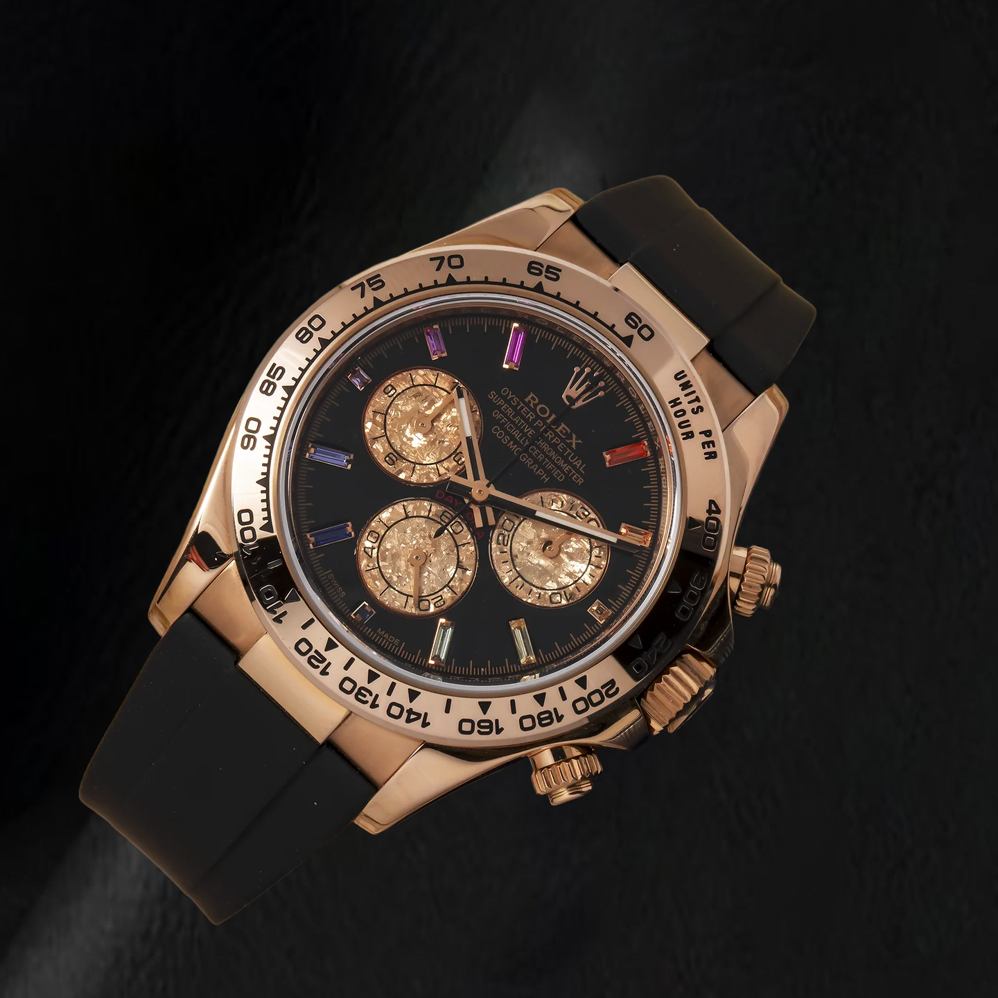 Rolex Cosmograph Daytona 116515LN 40 mm Schwarzes Diamantzifferblatt mit Regenbogen-Stundenindizes Schwarzes Oysterflex-Armband