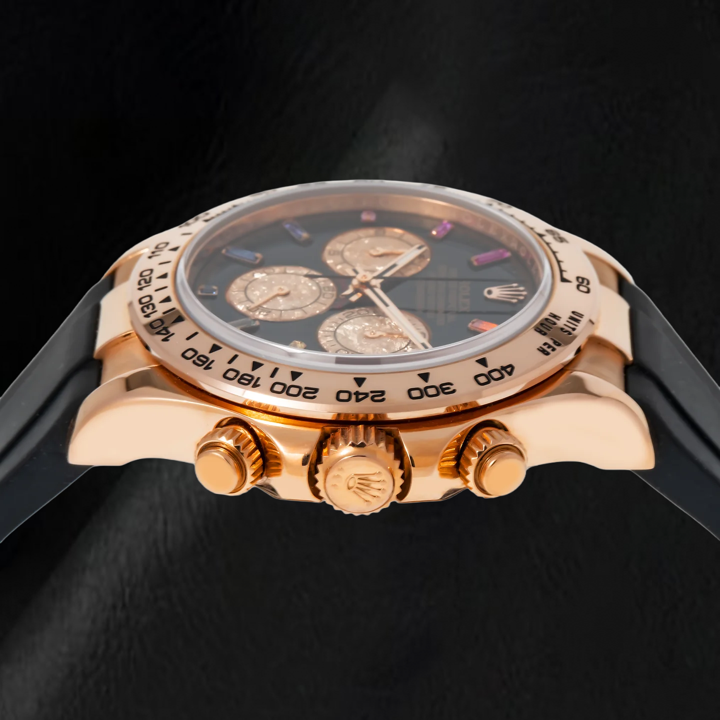 Rolex Cosmograph Daytona 116515LN 40 mm Schwarzes Diamantzifferblatt mit Regenbogen-Stundenindizes Schwarzes Oysterflex-Armband