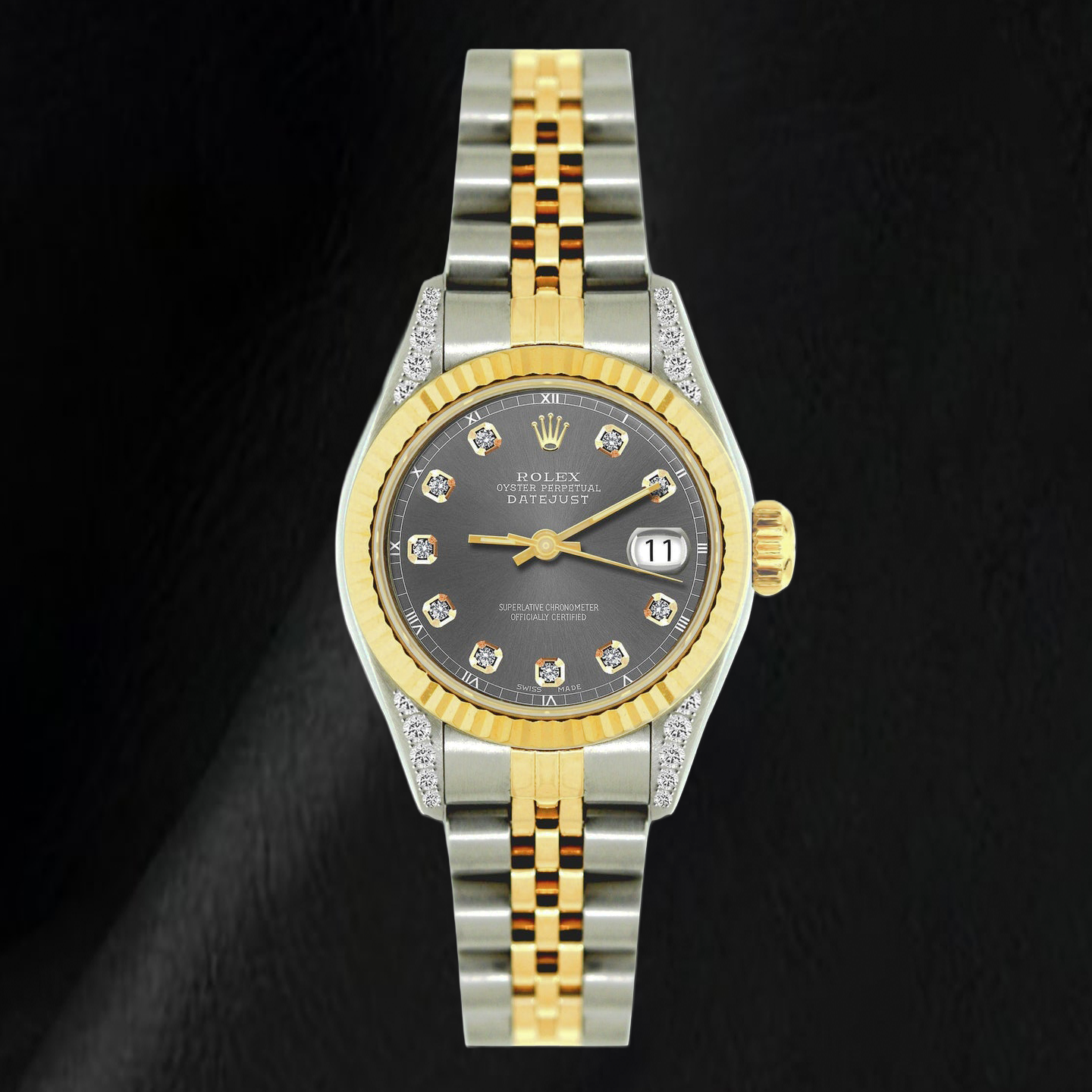 Rolex Datejust 69173 26 mm Bicolor-Uhr mit grauem Diamantzifferblatt und geriffelter Lünette