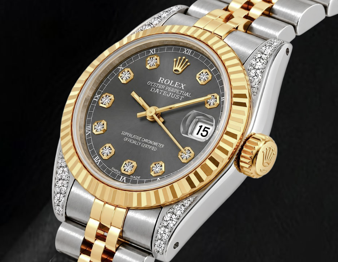 Rolex Datejust 69173 26 mm Bicolor-Uhr mit grauem Diamantzifferblatt und geriffelter Lünette