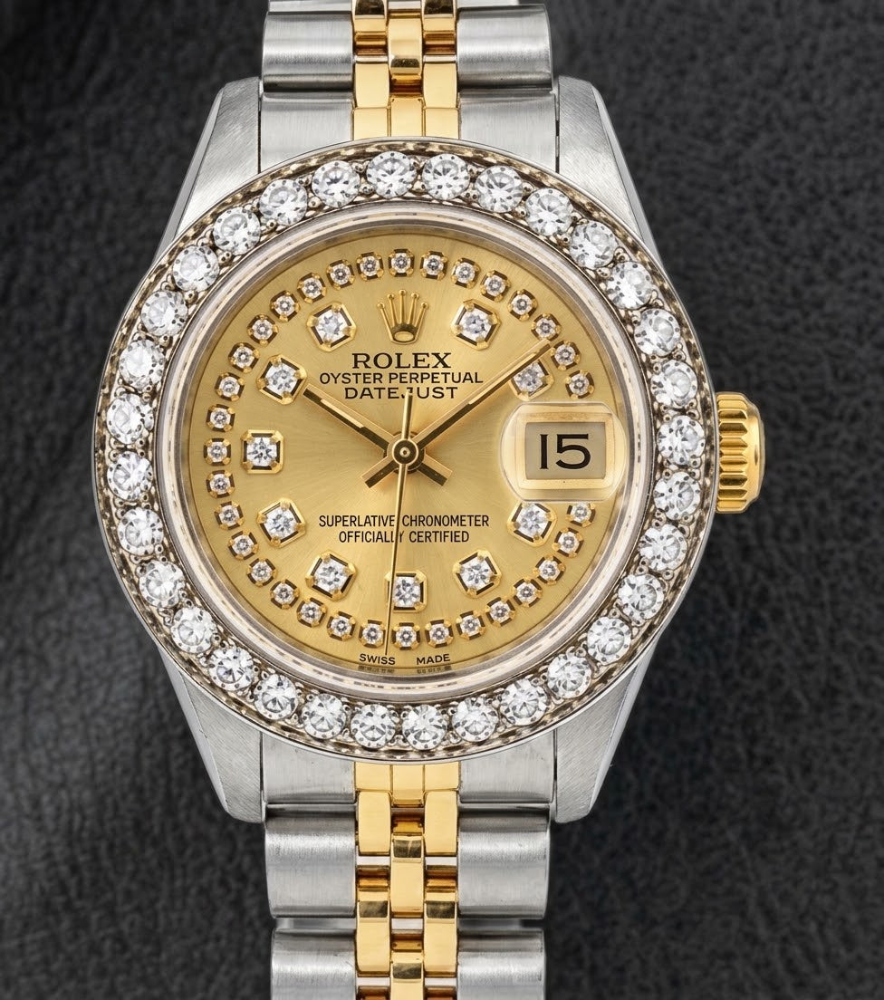 Rolex 69173 Datejust 26 mm Bicolor-Uhr mit champagnerfarbenem Diamantzifferblatt mit Diamantkranz