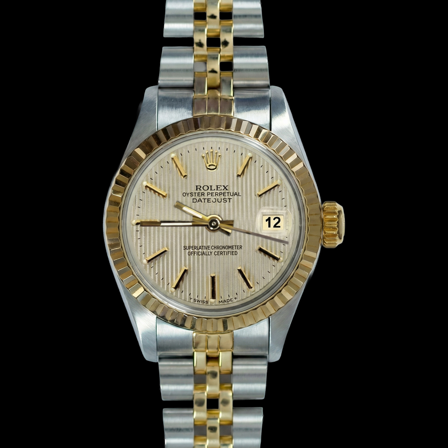 Jubiläums-Damenuhr Datejust aus Edelstahl und Golden von Rolex mit weißem Stock-Zifferblatt