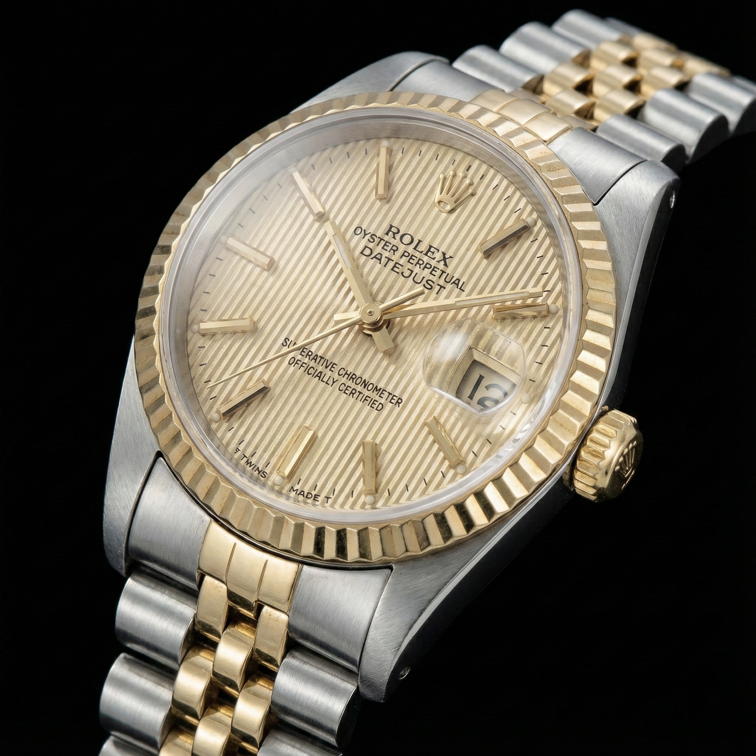Jubiläums-Damenuhr Datejust aus Edelstahl und Golden von Rolex mit weißem Stock-Zifferblatt