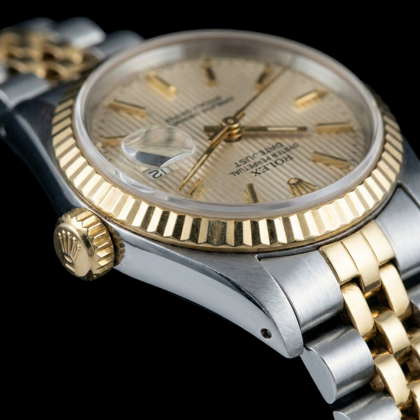 Jubiläums-Damenuhr Datejust aus Edelstahl und Golden von Rolex mit weißem Stock-Zifferblatt