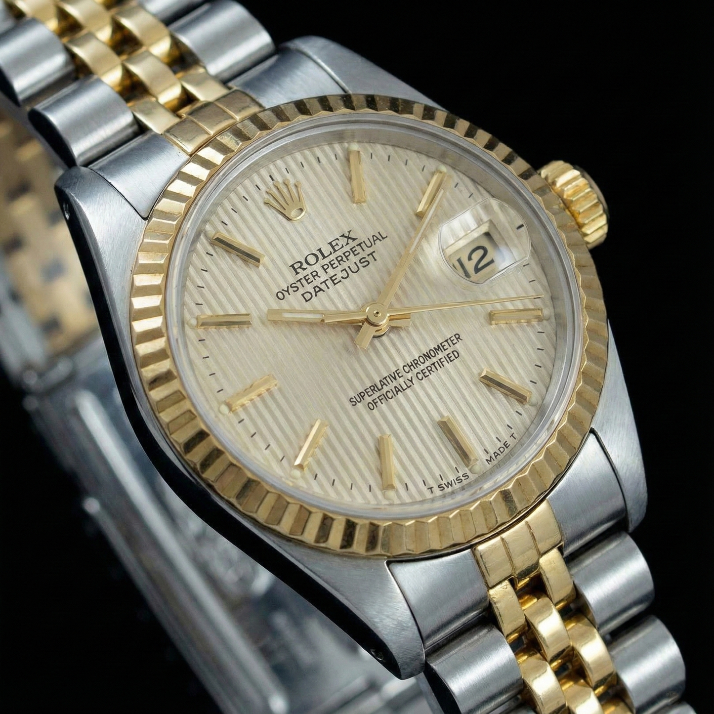 Jubiläums-Damenuhr Datejust aus Edelstahl und Golden von Rolex mit weißem Stock-Zifferblatt