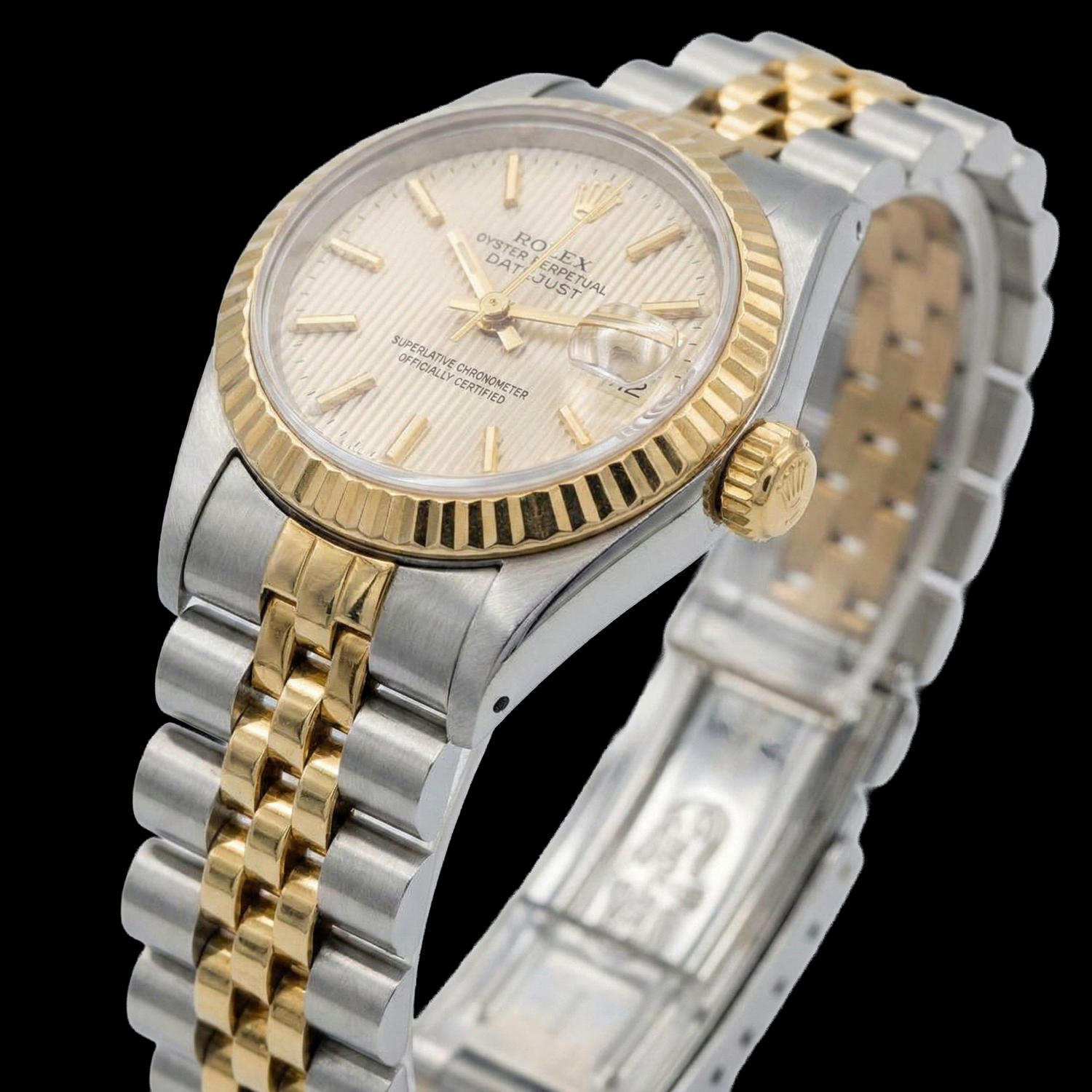 Jubiläums-Damenuhr Datejust aus Edelstahl und Golden von Rolex mit weißem Stock-Zifferblatt