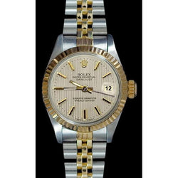 Jubiläums-Damenuhr Datejust aus Edelstahl und Golden von Rolex mit weißem Stock-Zifferblatt
