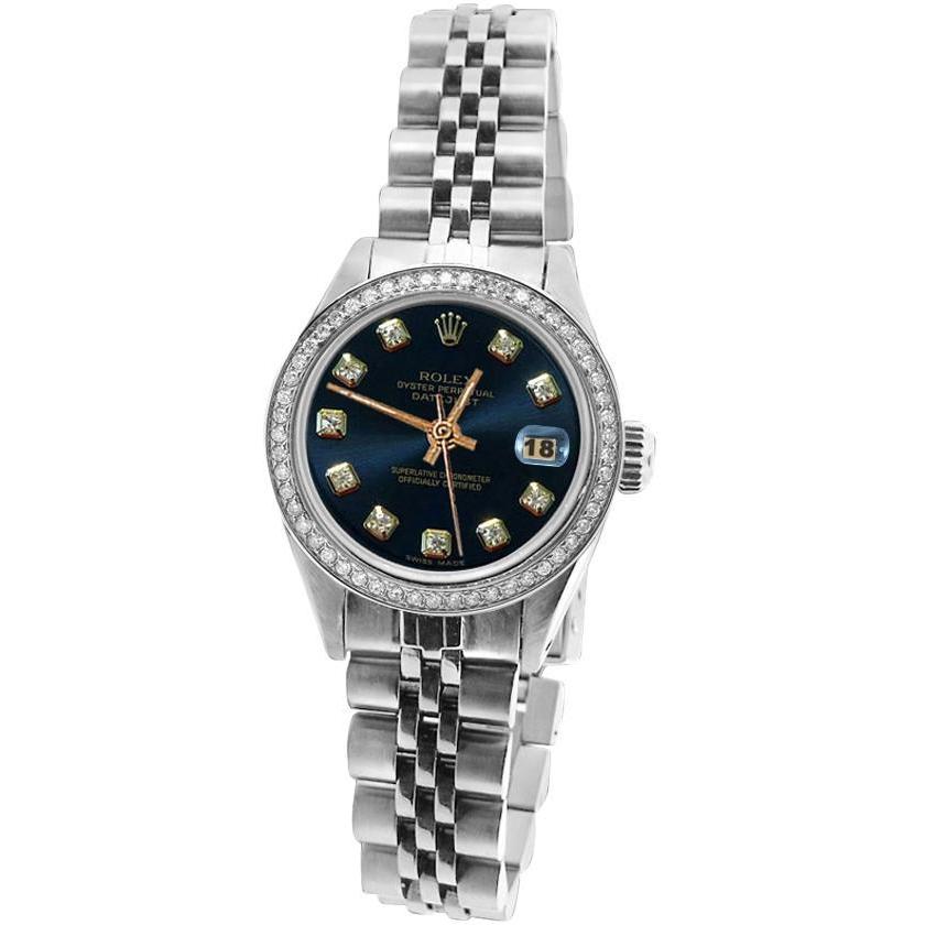 Jubiläums-Edelstahl-Rolex mit blauem Diamant-Zifferblatt und Datumsanzeige