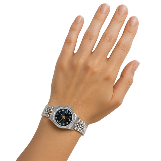 Jubiläums-Edelstahl-Rolex mit blauem Diamant-Zifferblatt und Datumsanzeige