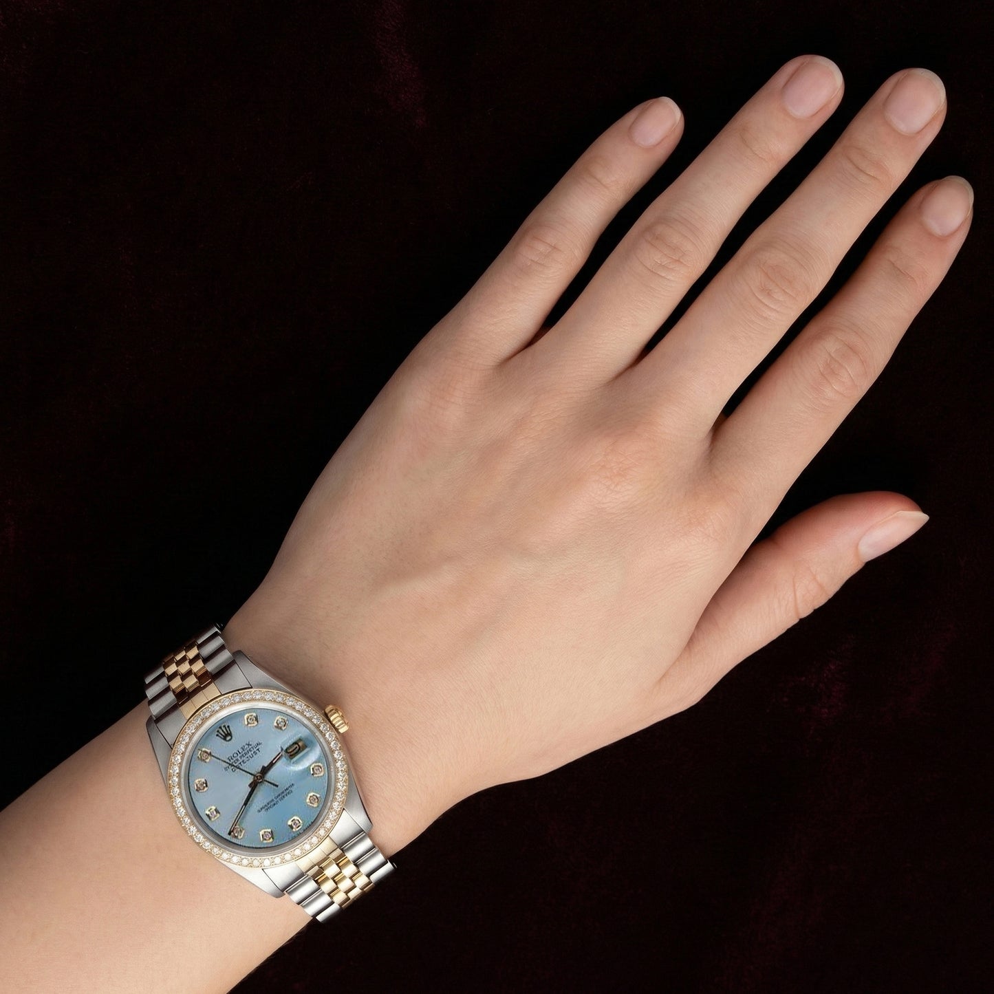 Rolex Datejust Armbanduhr mit Jubilé-Armband, blauem Diamantzifferblatt, Lünette und Datumschnellschaltung