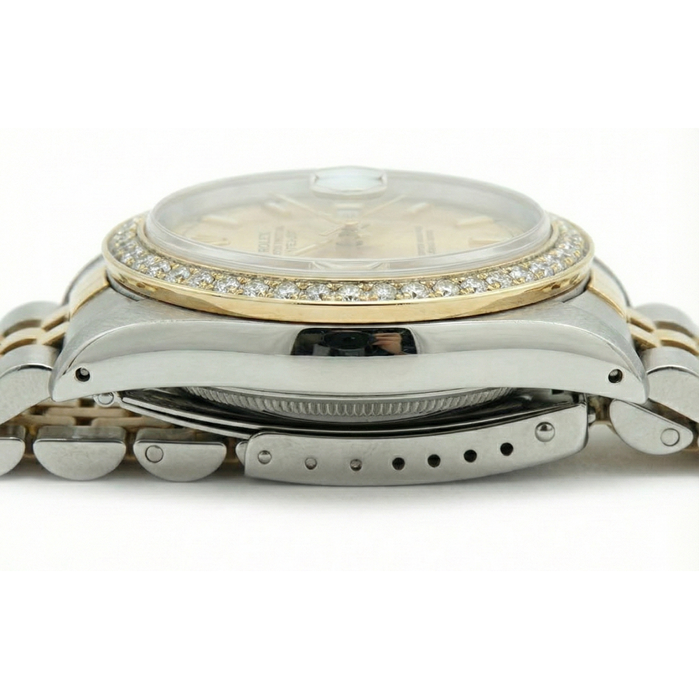 Jubilee-Uhr aus Edelstahl und Gold mit Diamant-Lünette und Zifferblatt aus stabförmigem Rolex-Datum