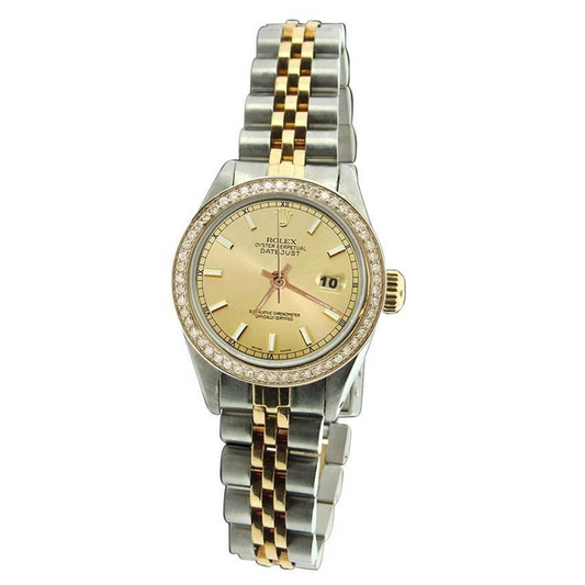 Jubilee-Uhr aus Edelstahl und Gold mit Diamant-Lünette und Zifferblatt aus stabförmigem Rolex-Datum

