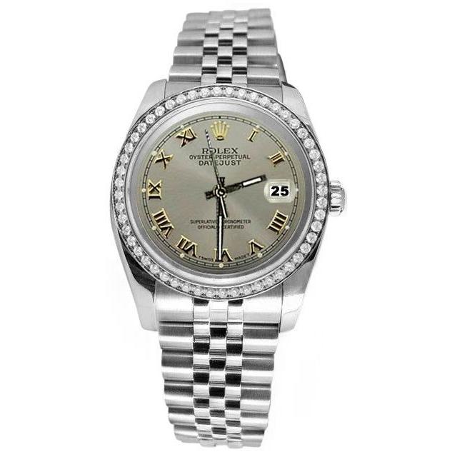 Jubilee Rolex Datejust Graues römisches Zifferblatt mit Diamantlünette Edelstahl-Uhr SCHNELLSET
