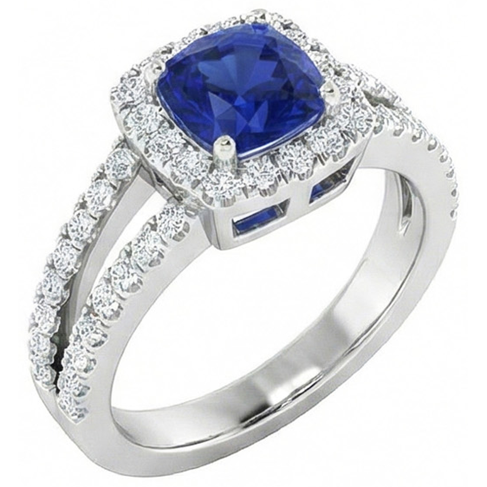 Kissen Blauer Saphir mit Aus der Erde Abgebauter Natürlicher Diamanten 4.50 Karat Ring Weißgold 14K