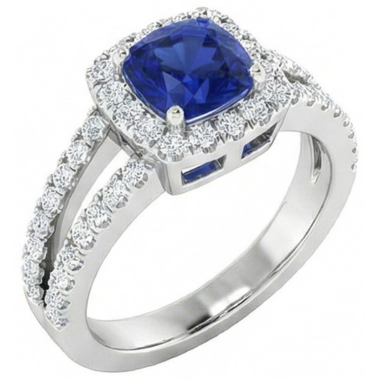 Kissen Blauer Saphir mit Aus der Erde Abgebauter Natürlicher Diamanten 4.50 Karat Ring Weißgold 14K