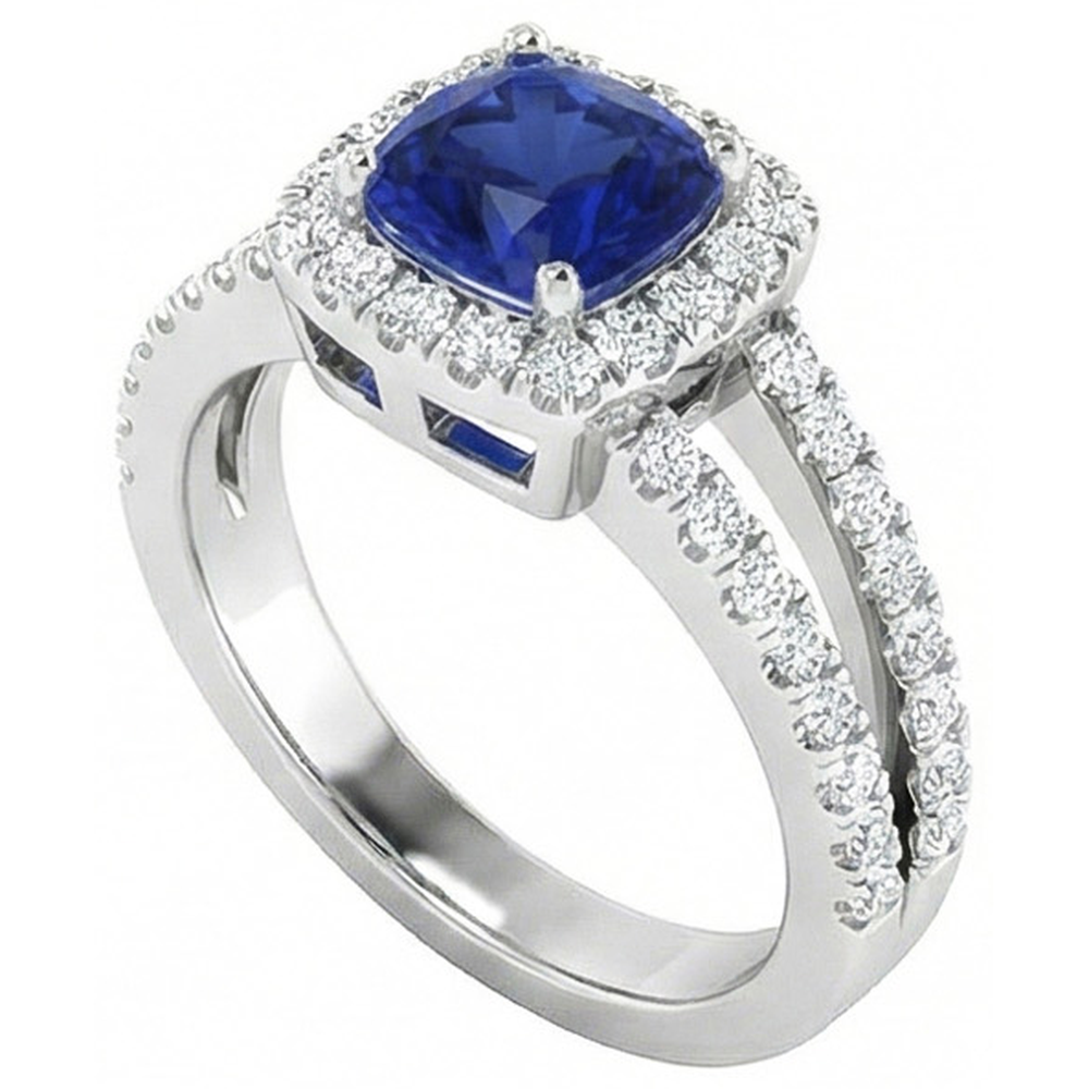 Kissen Blauer Saphir mit Aus der Erde Abgebauter Natürlicher Diamanten 4.50 Karat Ring Weißgold 14K
