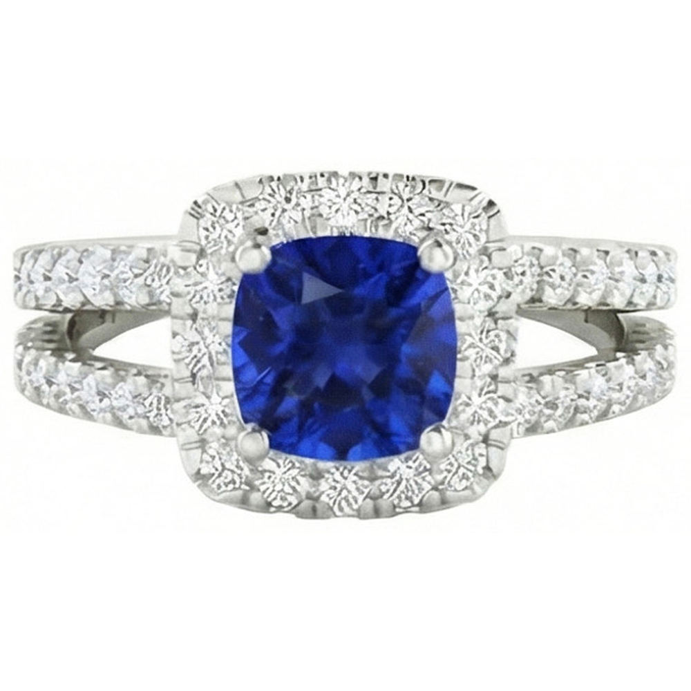 Kissen Blauer Saphir mit Aus der Erde Abgebauter Natürlicher Diamanten 4.50 Karat Ring Weißgold 14K