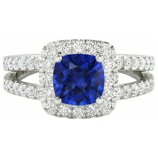 Kissen Blauer Saphir mit Aus der Erde Abgebauter Natürlicher Diamanten 4.50 Karat Ring Weißgold 14K