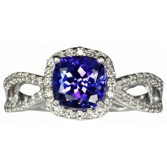 Kissen Blauer Tansanit-Aus der Erde Abgebauter Natürlicher Diamant-Ring 5,50 Karat Weißgold 14K