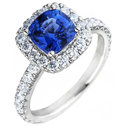 Kissen Ceylon Blue Sapphire mit Aus der Erde Abgebauter Natürlicher Diamanten 2.50 ct. Ring
