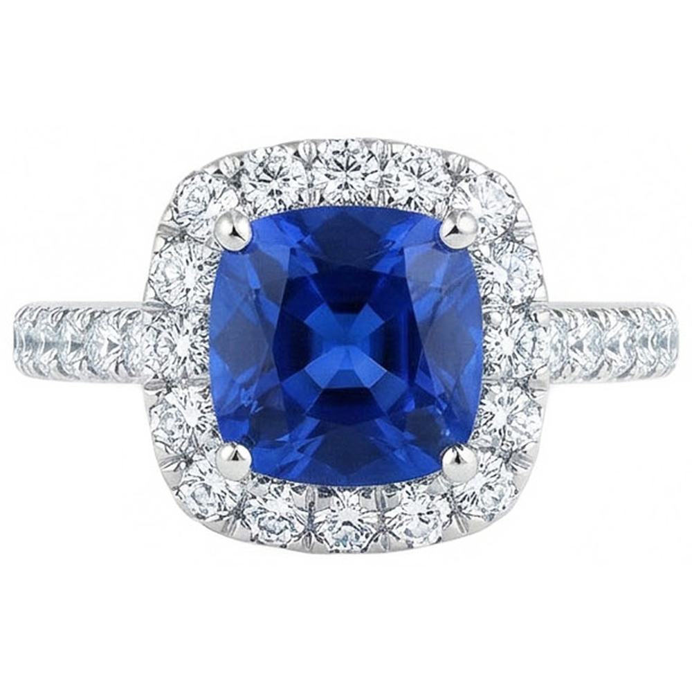 Kissen Ceylon Blue Sapphire mit Aus der Erde Abgebauter Natürlicher Diamanten 2.50 ct. Ring
