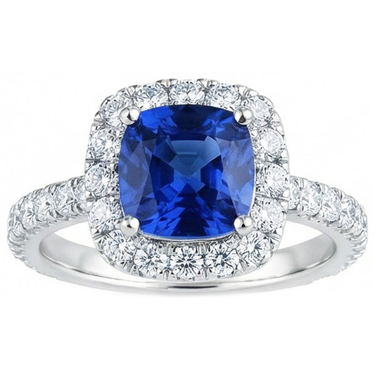 Kissen Ceylon Blue Sapphire mit Aus der Erde Abgebauter Natürlicher Diamanten 2.50 ct. Ring
