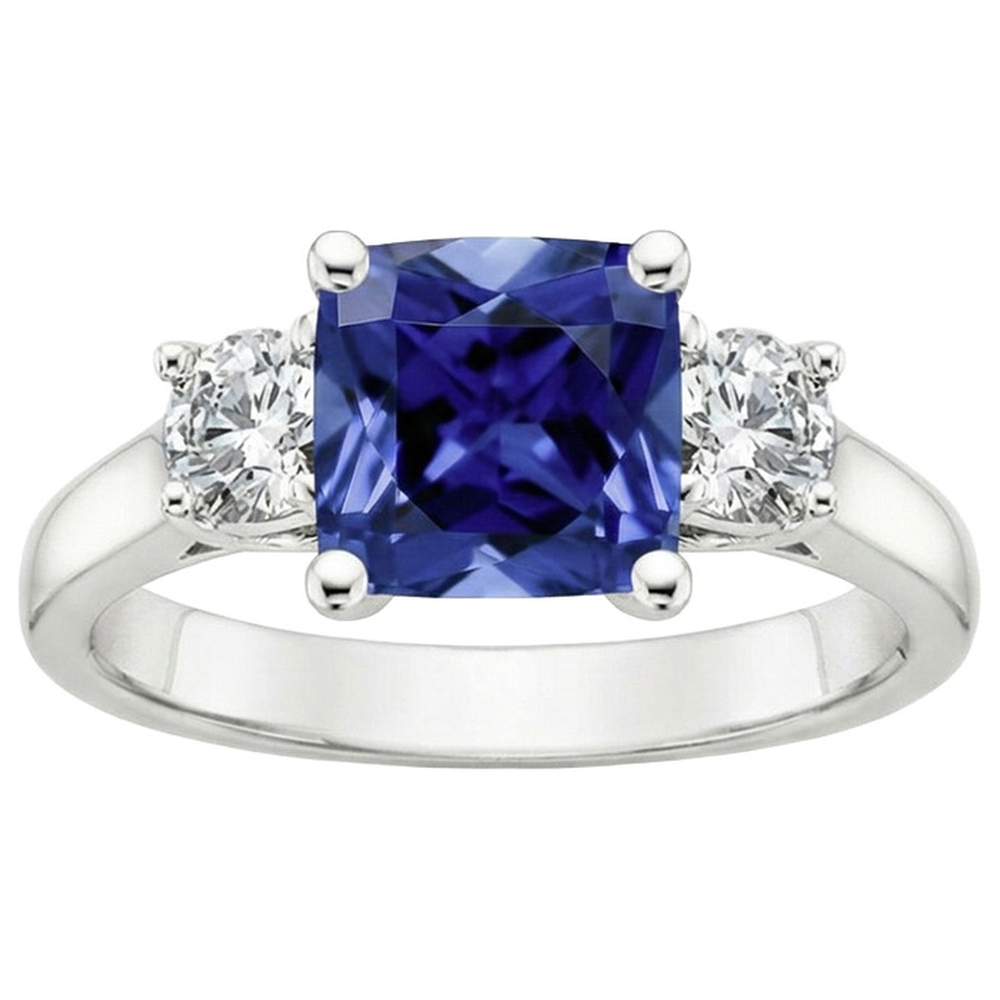 Kissen Ceylon Saphir Aus der Erde Abgebauter Natürlicher Diamant 3 Steine Ring 3,25 Karat