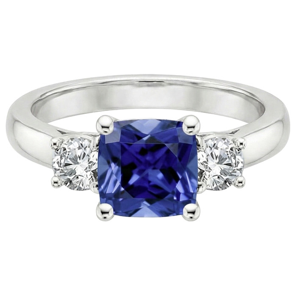 Kissen Ceylon Saphir Aus der Erde Abgebauter Natürlicher Diamant 3 Steine Ring 3,25 Karat