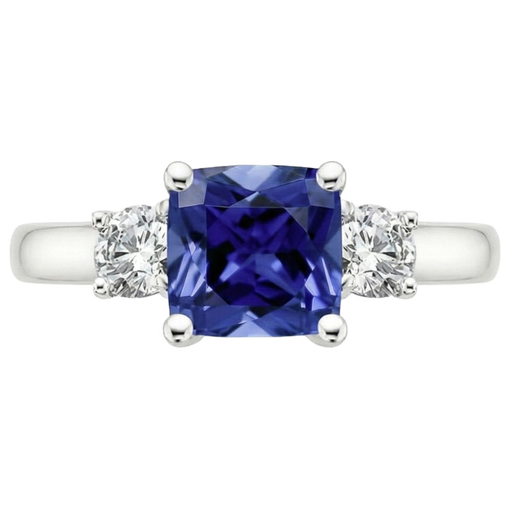 Kissen Ceylon Saphir Aus der Erde Abgebauter Natürlicher Diamant 3 Steine Ring 3,25 Karat