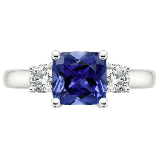 Kissen Ceylon Saphir Aus der Erde Abgebauter Natürlicher Diamant 3 Steine Ring 3,25 Karat