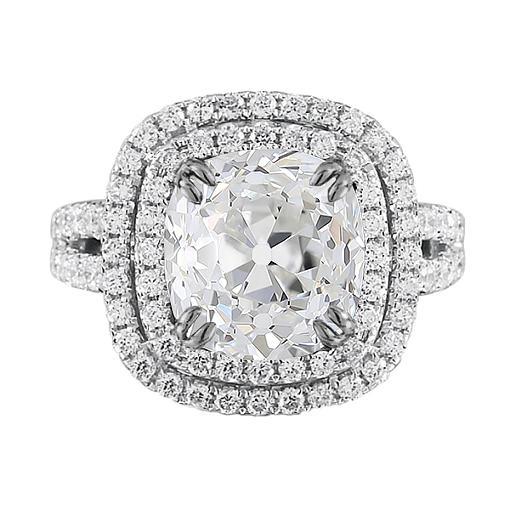 Kissen Double Halo Ring alter Bergmann Echt Diamants 6,75 Karat Split Shank